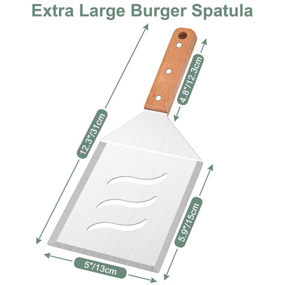 Extra Large Metal Burger Spatula Set of 2, Leonyo Heavy Duty Stainless Steel Griddle Slotted Hamburger Turner, Barbecue Cast Iron Grilling Flat Top Griddle Accessories, Wooden Handle - CookCave