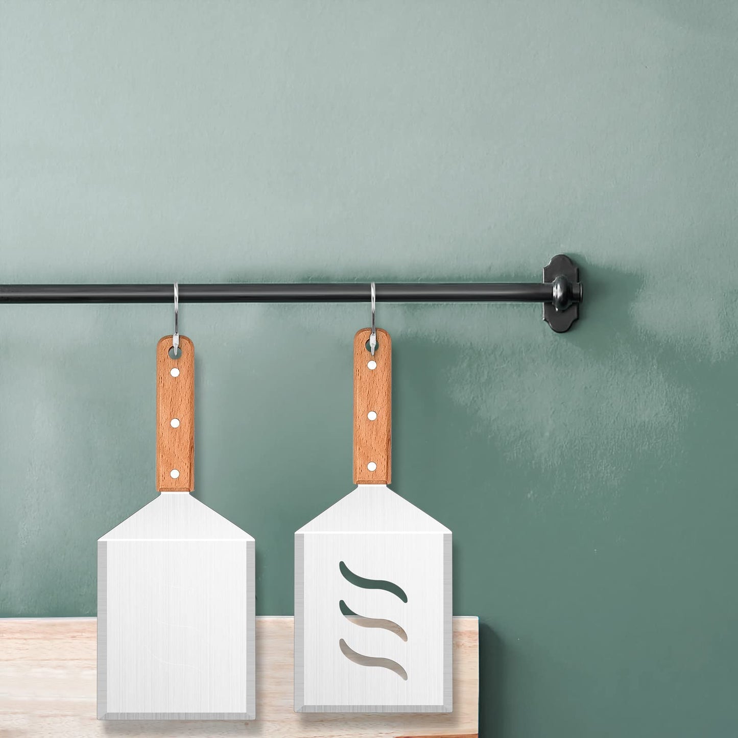 Extra Large Metal Burger Spatula Set of 2, Leonyo Heavy Duty Stainless Steel Griddle Slotted Hamburger Turner, Barbecue Cast Iron Grilling Flat Top Griddle Accessories, Wooden Handle - CookCave