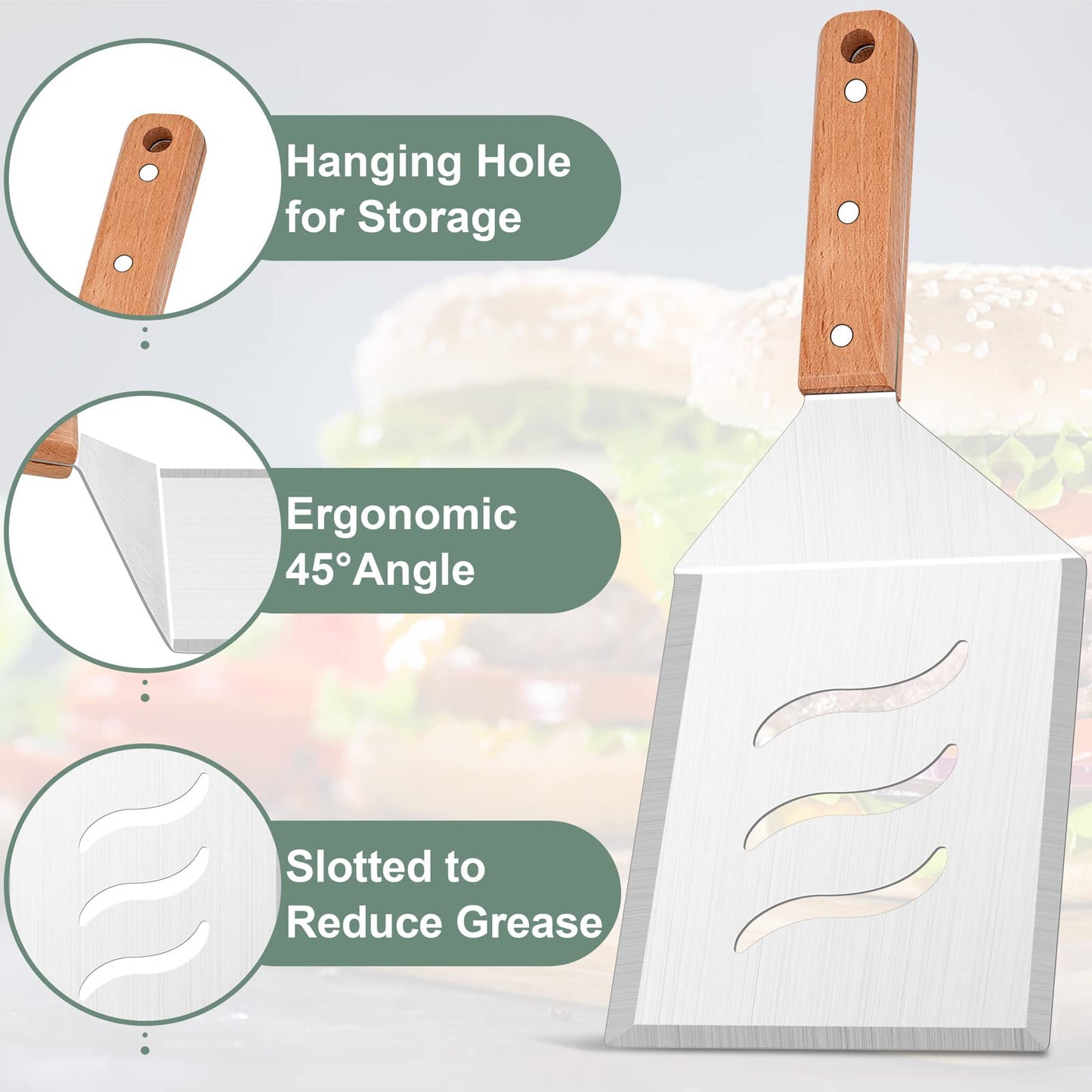 Extra Large Metal Burger Spatula Set of 2, Leonyo Heavy Duty Stainless Steel Griddle Slotted Hamburger Turner, Barbecue Cast Iron Grilling Flat Top Griddle Accessories, Wooden Handle - CookCave