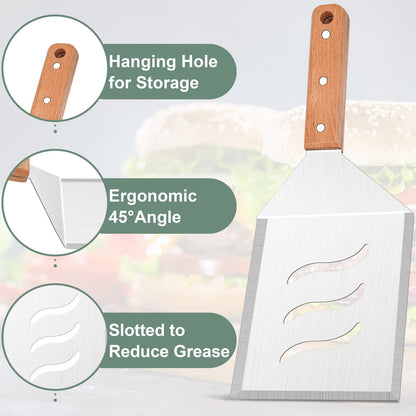 Extra Large Metal Burger Spatula Set of 2, Leonyo Heavy Duty Stainless Steel Griddle Slotted Hamburger Turner, Barbecue Cast Iron Grilling Flat Top Griddle Accessories, Wooden Handle - CookCave