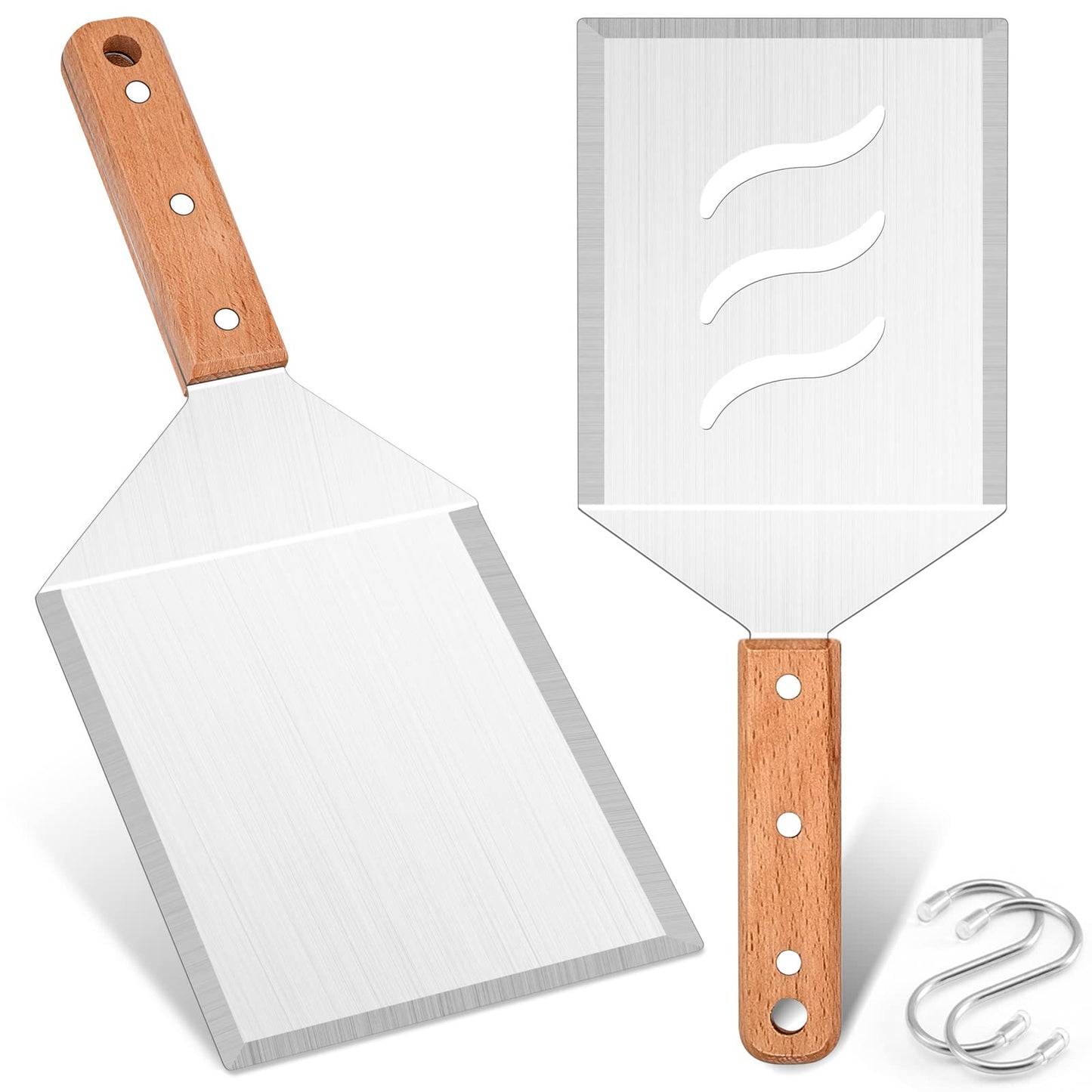 Extra Large Metal Burger Spatula Set of 2, Leonyo Heavy Duty Stainless Steel Griddle Slotted Hamburger Turner, Barbecue Cast Iron Grilling Flat Top Griddle Accessories, Wooden Handle - CookCave