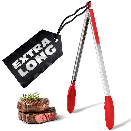 Extra Long Tongs for Cooking and Grilling 17.3" - Heat-Resistant Kitchen Tongs with Silicone Tips for Convenient Flipping Food on BBQ - Stainless Steel Build with Secure Grip & Locking Mechanism - CookCave