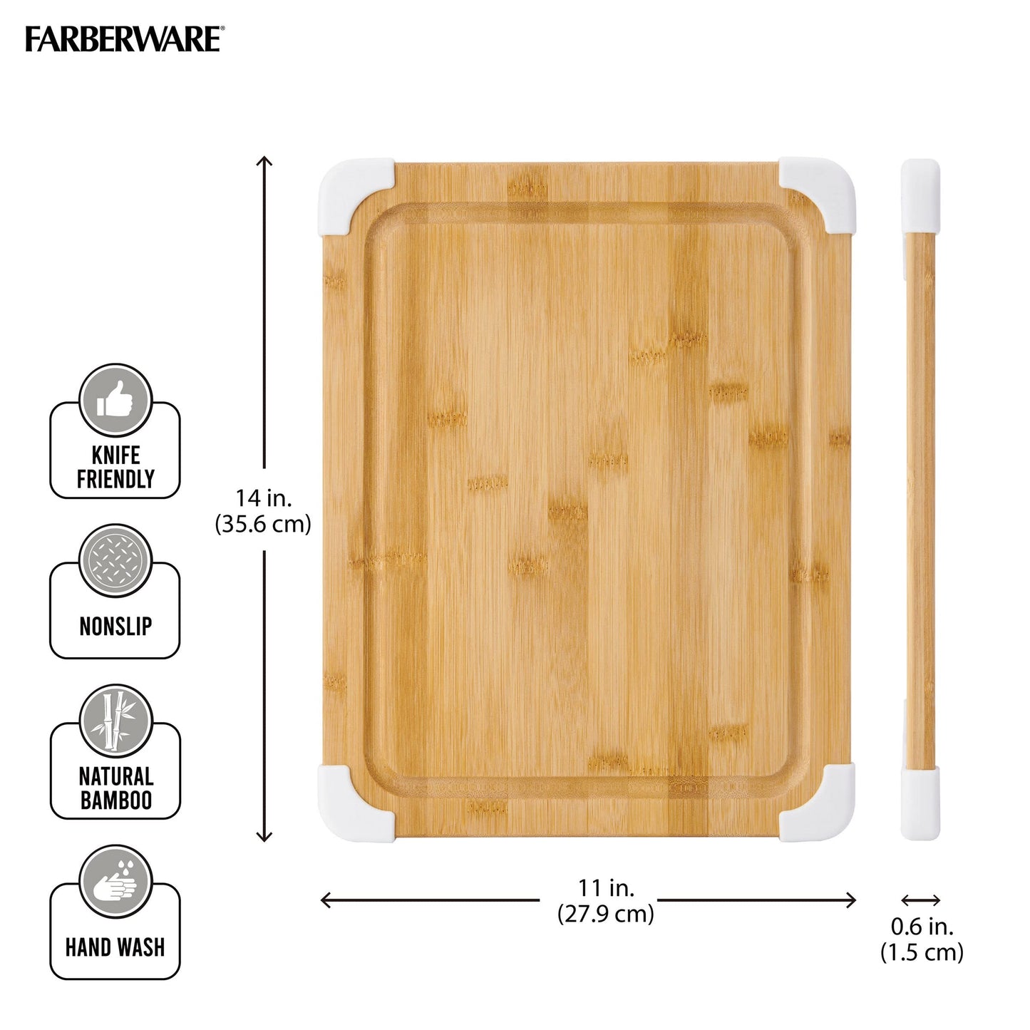 Farberware Nonslip Bamboo Cutting Board with Juice Groove, 11x14 Inch, White - CookCave