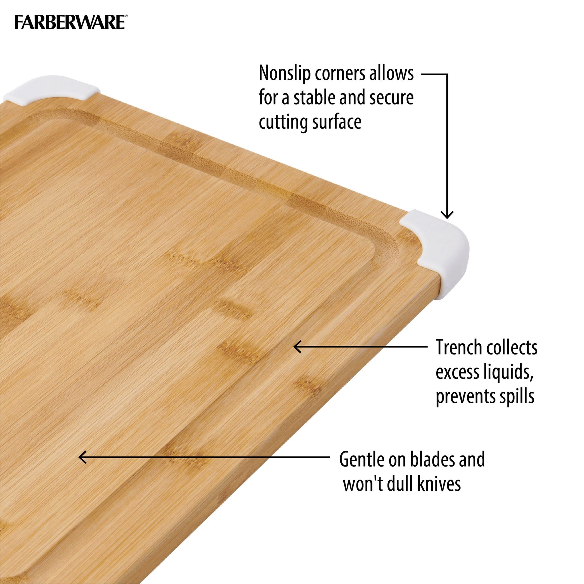 Farberware Nonslip Bamboo Cutting Board with Juice Groove, 11x14 Inch, White - CookCave