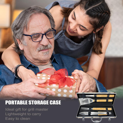 Fathers Day Dad Gifts from Daughter Heavy Duty Wooden BBQ Grilling Accessories Kit for Backyard, Thick Stainless Steel Grill Utensils with Non-Slip Handle Tools in Portable Bag Birthday - CookCave