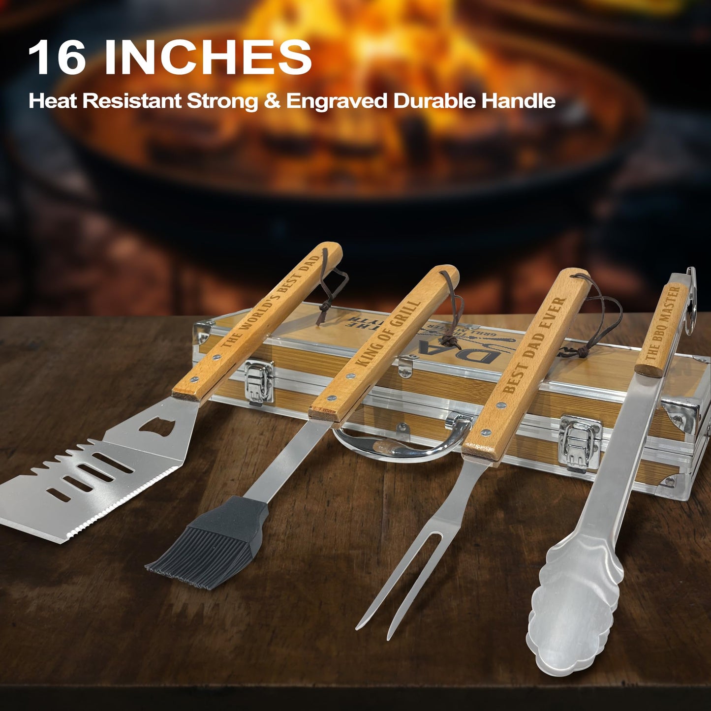 Fathers Day Dad Gifts from Daughter Heavy Duty Wooden BBQ Grilling Accessories Kit for Backyard, Thick Stainless Steel Grill Utensils with Non-Slip Handle Tools in Portable Bag Birthday - CookCave