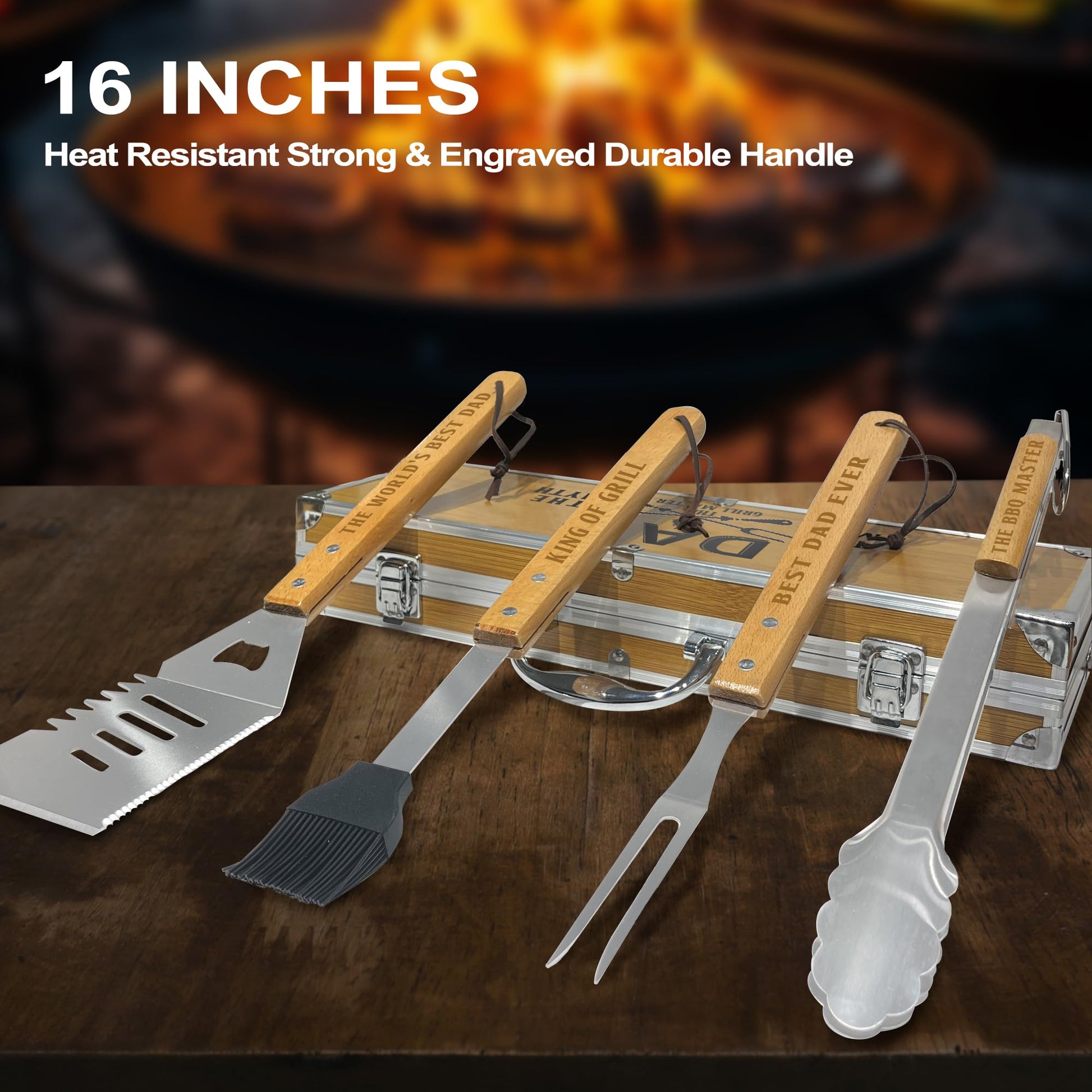 Fathers Day Dad Gifts from Daughter Heavy Duty Wooden BBQ Grilling Accessories Kit for Backyard, Thick Stainless Steel Grill Utensils with Non-Slip Handle Tools in Portable Bag Birthday - CookCave