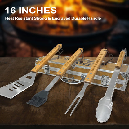 Fathers Day Dad Gifts from Daughter Heavy Duty Wooden BBQ Grilling Accessories Kit for Backyard, Thick Stainless Steel Grill Utensils with Non-Slip Handle Tools in Portable Bag Birthday - CookCave