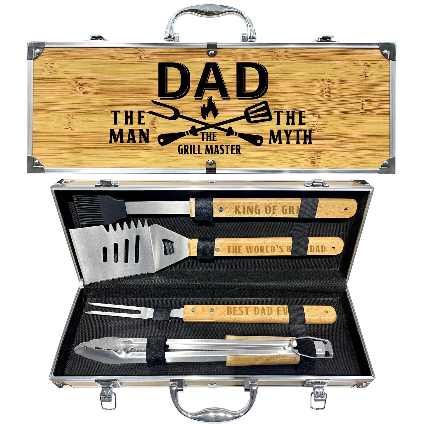 Fathers Day Dad Gifts from Daughter Heavy Duty Wooden BBQ Grilling Accessories Kit for Backyard, Thick Stainless Steel Grill Utensils with Non-Slip Handle Tools in Portable Bag Birthday - CookCave