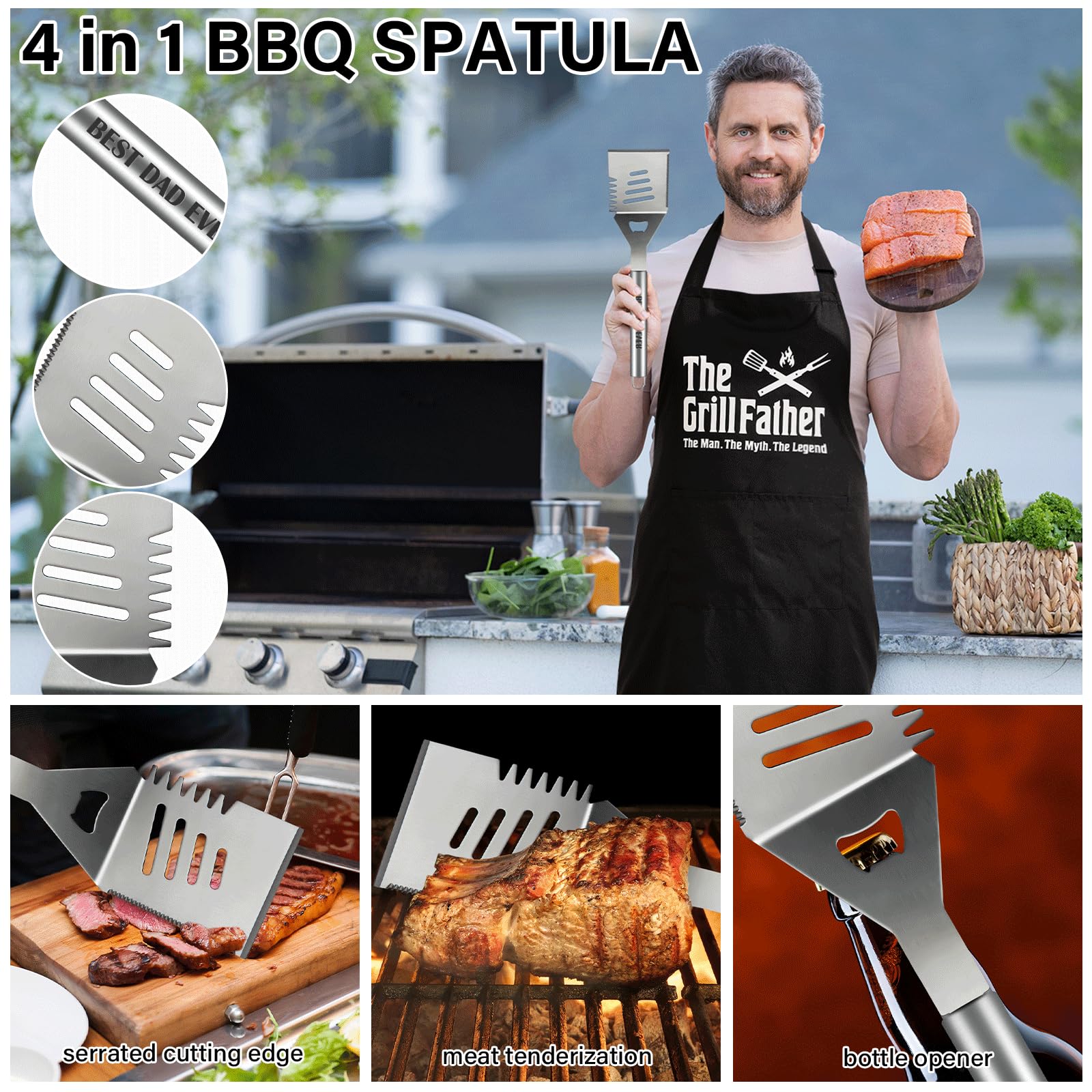 Fathers Day Dad Gifts from Daughter Son 19Pcs BBQ Grill Tools Set with Apron Portable Bag Heavy Duty Stainless Steel Grilling Utensils Barbecue Accessories for Papa Birthday Present Summer Backyard - CookCave