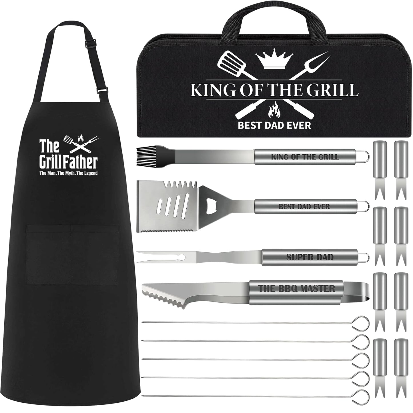 Fathers Day Dad Gifts from Daughter Son 19Pcs BBQ Grill Tools Set with Apron Portable Bag Heavy Duty Stainless Steel Grilling Utensils Barbecue Accessories for Papa Birthday Present Summer Backyard - CookCave