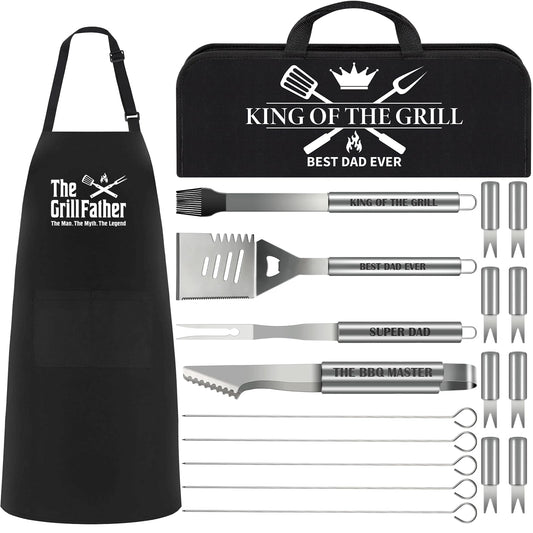 Fathers Day Dad Gifts from Daughter Son 19Pcs BBQ Grill Tools Set with Apron Portable Bag Heavy Duty Stainless Steel Grilling Utensils Barbecue Accessories for Papa Birthday Present Summer Backyard - CookCave