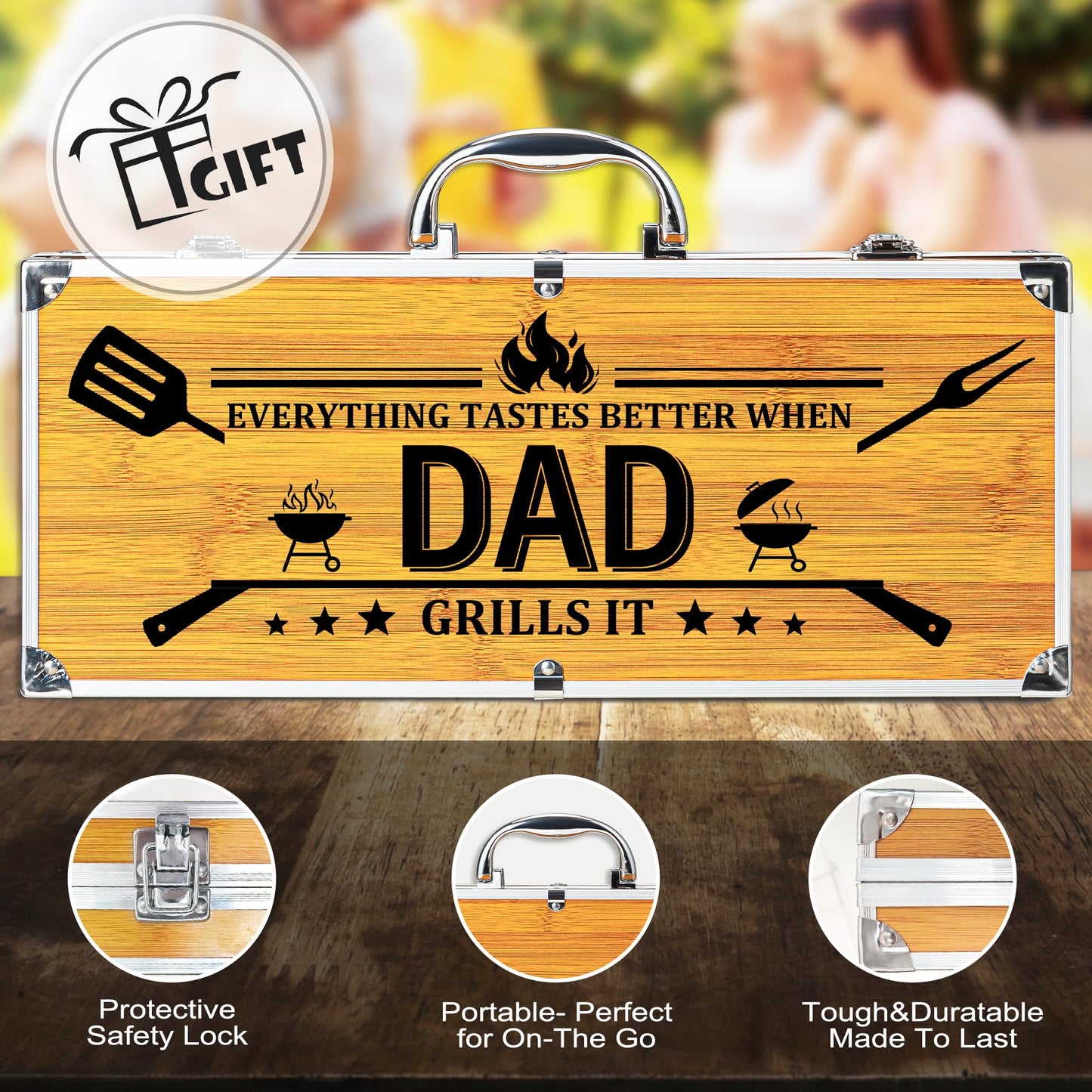 Fathers Day Dad Gifts from Daughter Son, Grilling Gift Heavy Duty Wooden BBQ Grilling Accessories Kit for Backyard, Thick Stainless Steel Grill Utensils with Non-Slip Handle Tools in Portable Bag - CookCave