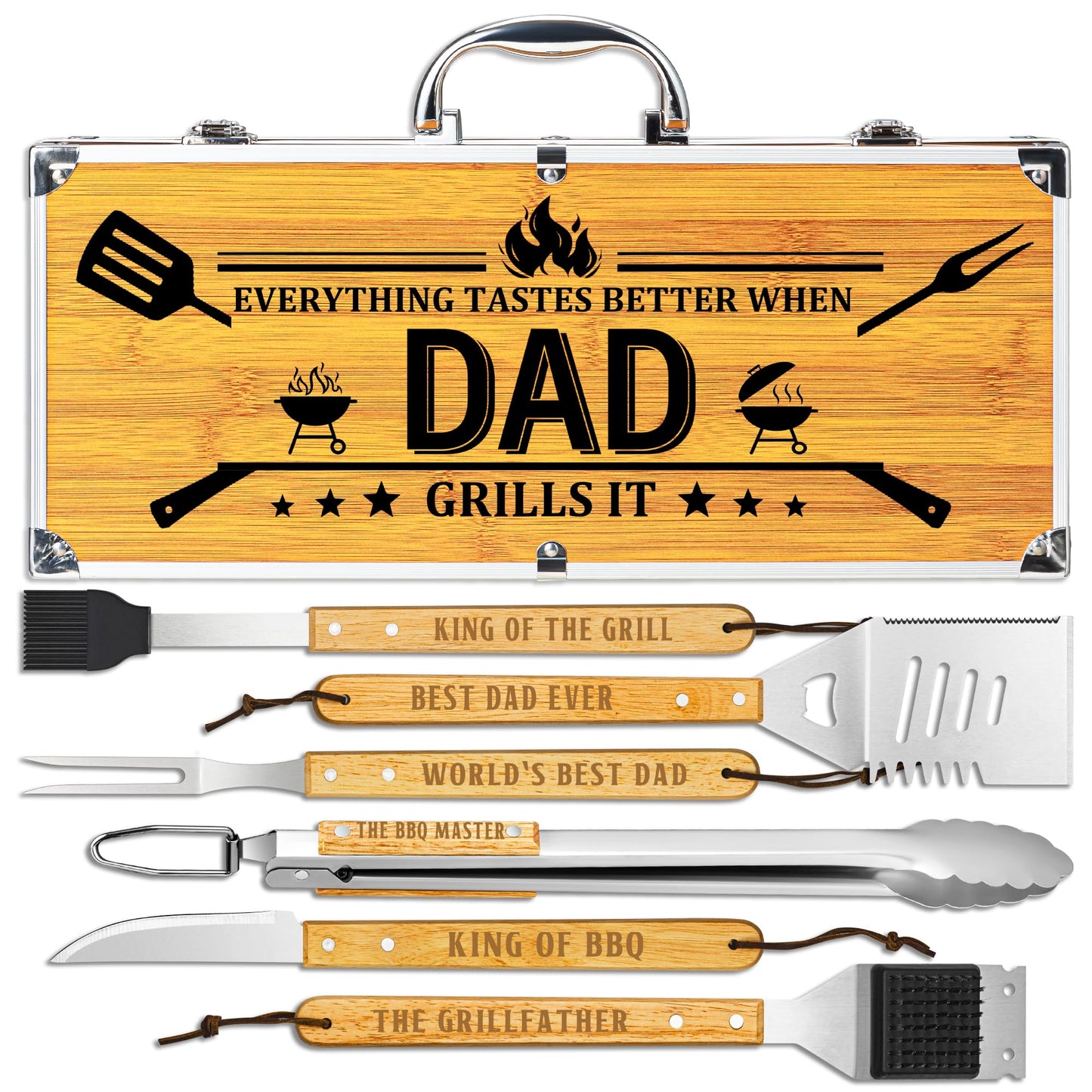 Fathers Day Dad Gifts from Daughter Son, Grilling Gift Heavy Duty Wooden BBQ Grilling Accessories Kit for Backyard, Thick Stainless Steel Grill Utensils with Non-Slip Handle Tools in Portable Bag - CookCave