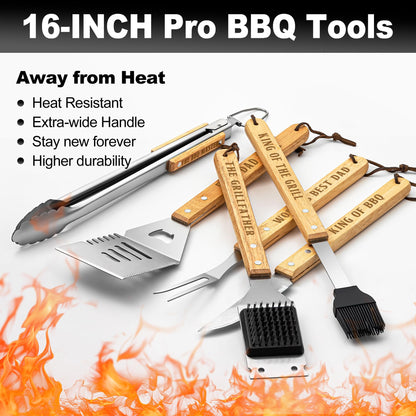Fathers Day Dad Gifts from Daughter Son, Grilling Gift Heavy Duty Wooden BBQ Grilling Accessories Kit for Backyard, Thick Stainless Steel Grill Utensils with Non-Slip Handle Tools in Portable Bag - CookCave
