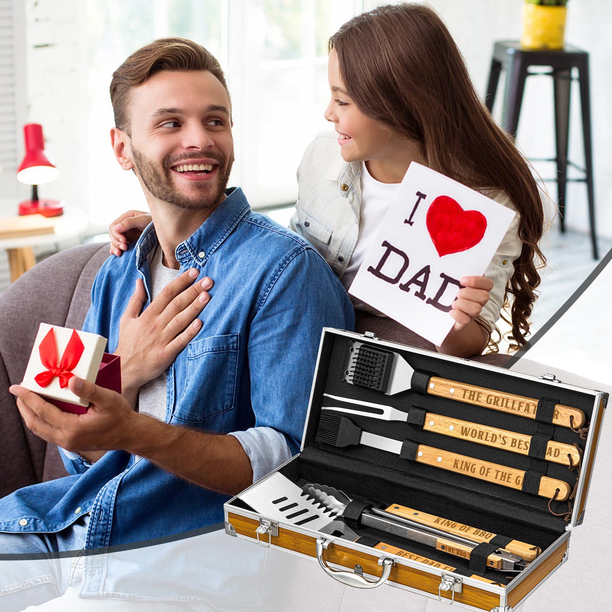 Fathers Day Dad Gifts from Daughter Son, Grilling Gift Heavy Duty Wooden BBQ Grilling Accessories Kit for Backyard, Thick Stainless Steel Grill Utensils with Non-Slip Handle Tools in Portable Bag - CookCave
