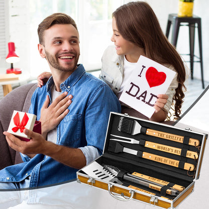 Fathers Day Dad Gifts from Daughter Son, Grilling Gift Heavy Duty Wooden BBQ Grilling Accessories Kit for Backyard, Thick Stainless Steel Grill Utensils with Non-Slip Handle Tools in Portable Bag - CookCave
