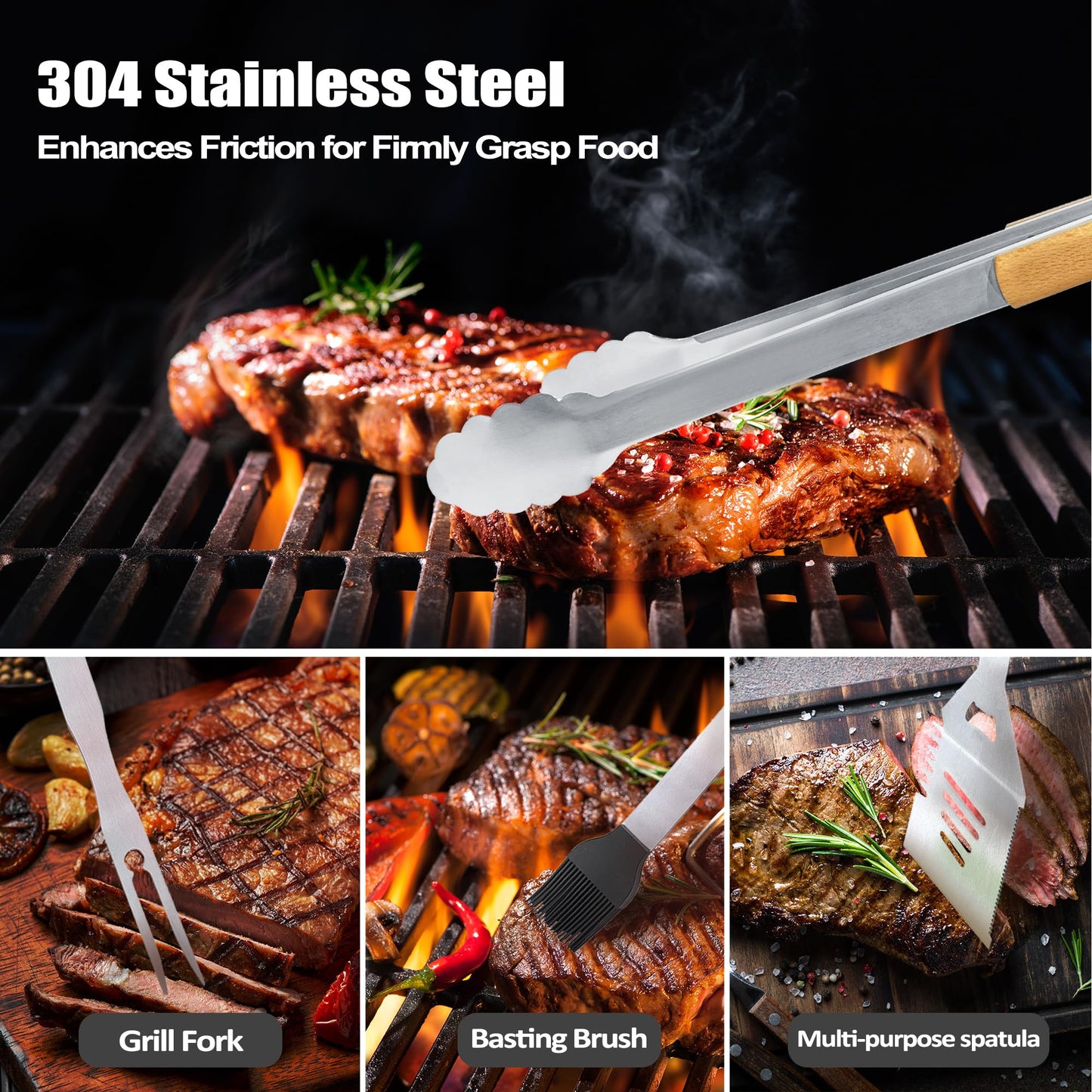 Fathers Day Dad Gifts from Daughter Son, Grilling Gift Heavy Duty Wooden BBQ Grilling Accessories Kit for Backyard, Thick Stainless Steel Grill Utensils with Non-Slip Handle Tools in Portable Bag - CookCave