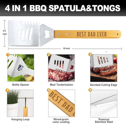 Fathers Day Dad Gifts from Daughter Son, Grilling Gift Heavy Duty Wooden BBQ Grilling Accessories Kit for Backyard, Thick Stainless Steel Grill Utensils with Non-Slip Handle Tools in Portable Bag - CookCave