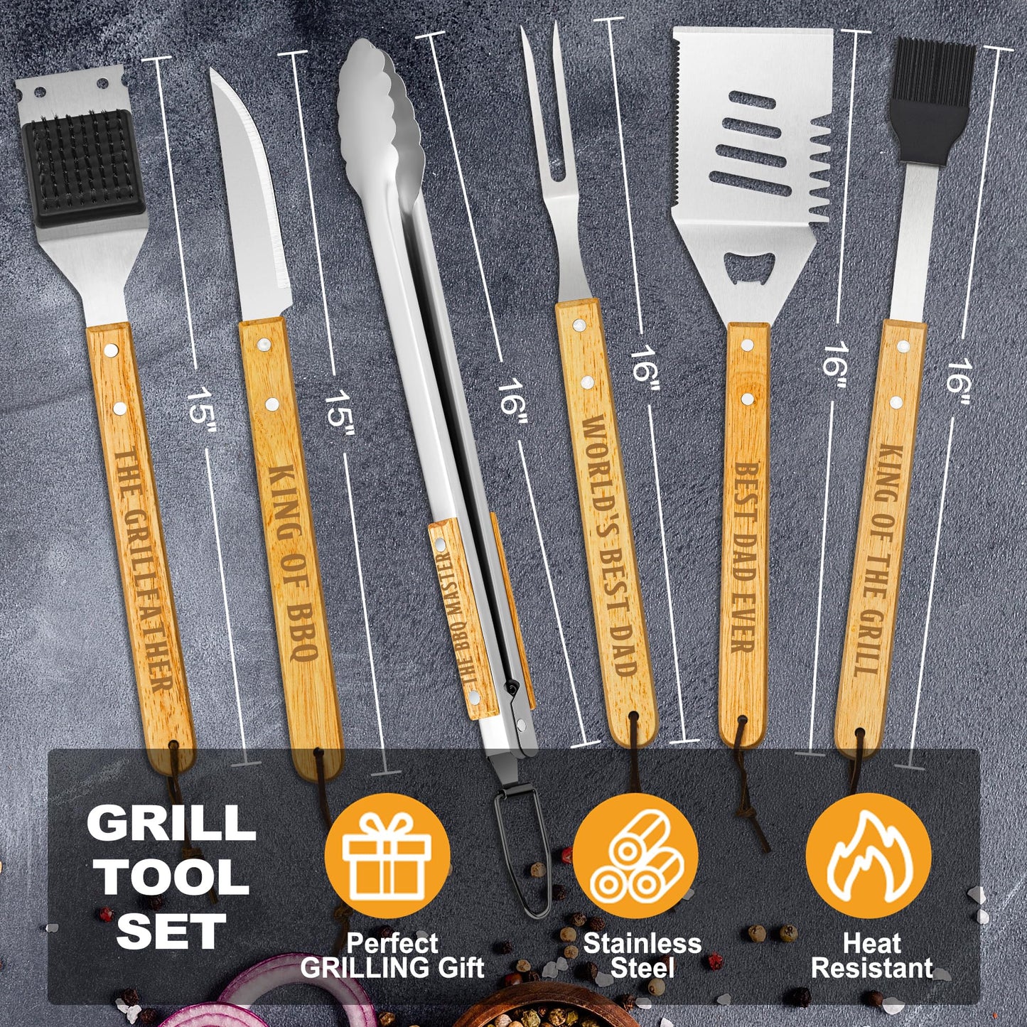 Fathers Day Dad Gifts from Daughter Son, Grilling Gift Heavy Duty Wooden BBQ Grilling Accessories Kit for Backyard, Thick Stainless Steel Grill Utensils with Non-Slip Handle Tools in Portable Bag - CookCave