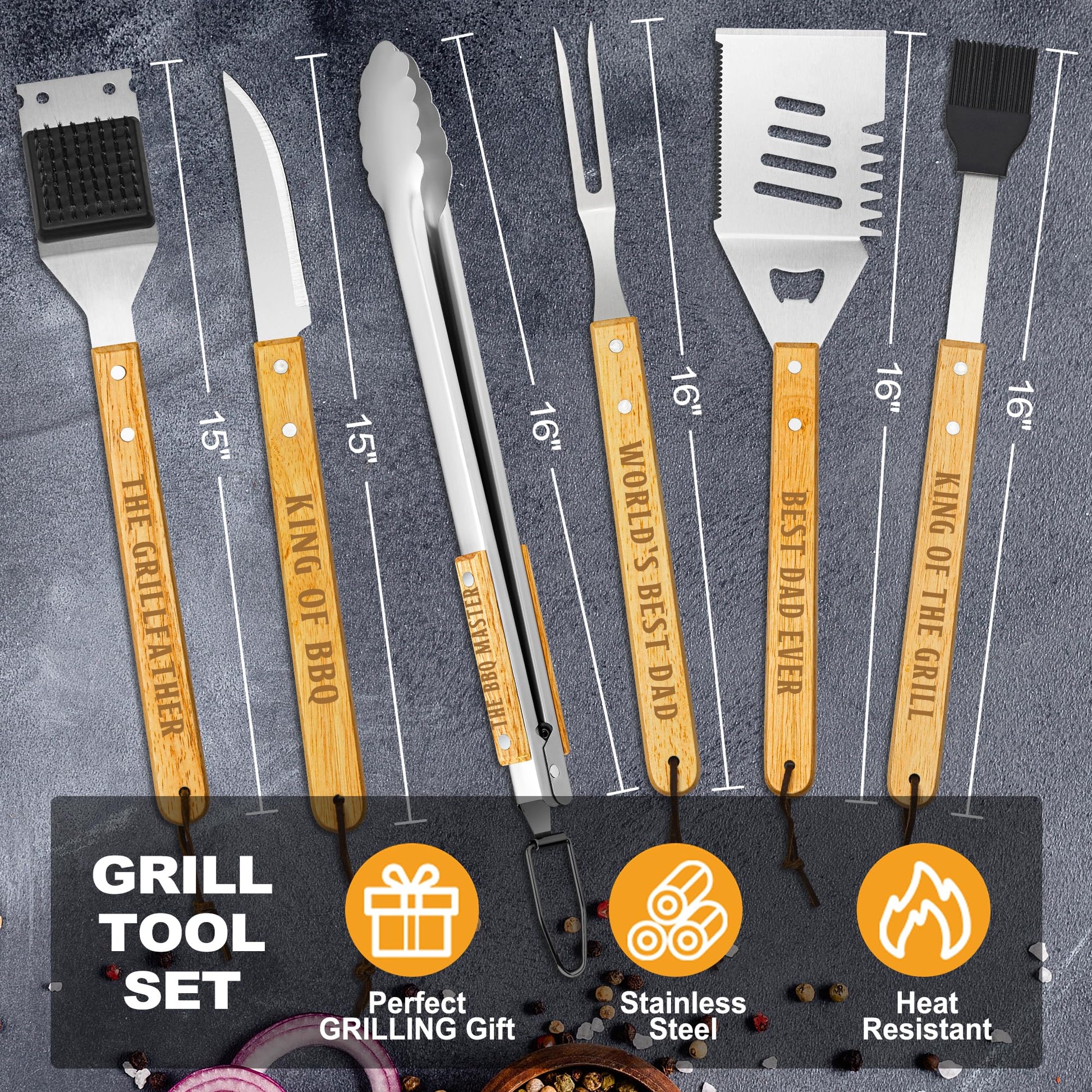 Fathers Day Dad Gifts from Daughter Son, Grilling Gift Heavy Duty Wooden BBQ Grilling Accessories Kit for Backyard, Thick Stainless Steel Grill Utensils with Non-Slip Handle Tools in Portable Bag - CookCave