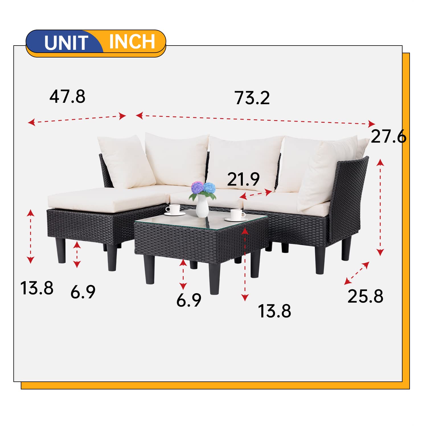 FDW Outdoor Sectional Rattan Chair Wicker Conversation Set Sofas, 5-Piece, Khaki - CookCave