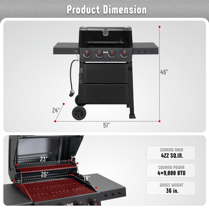 Feasto 4-Burner Propane Gas Grill, Outdoor Grill with 2 Side Tables and Porcelain-Enameled Grates for Patio BBQ, 36000 BTU Powerful for Outdoor Cooking, Black - Perfect for Your Next Backyard BBQ - CookCave