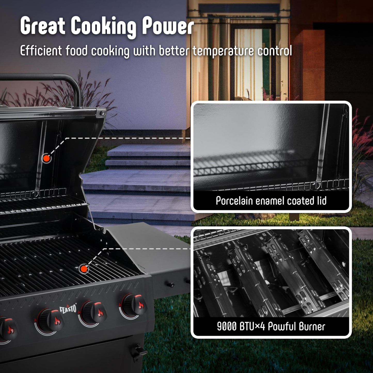 Feasto 4-Burner Propane Gas Grill, Outdoor Grill with 2 Side Tables and Porcelain-Enameled Grates for Patio BBQ, 36000 BTU Powerful for Outdoor Cooking, Black - Perfect for Your Next Backyard BBQ - CookCave
