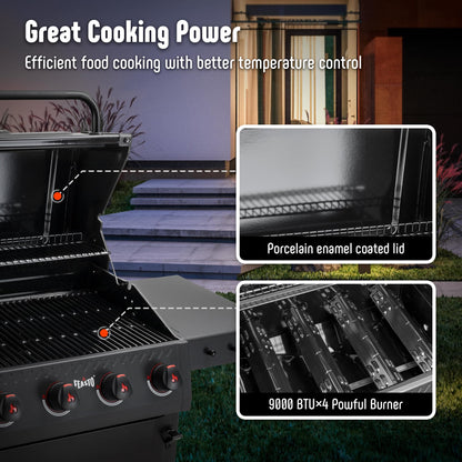 Feasto 4-Burner Propane Gas Grill, Outdoor Grill with 2 Side Tables and Porcelain-Enameled Grates for Patio BBQ, 36000 BTU Powerful for Outdoor Cooking, Black - Perfect for Your Next Backyard BBQ - CookCave
