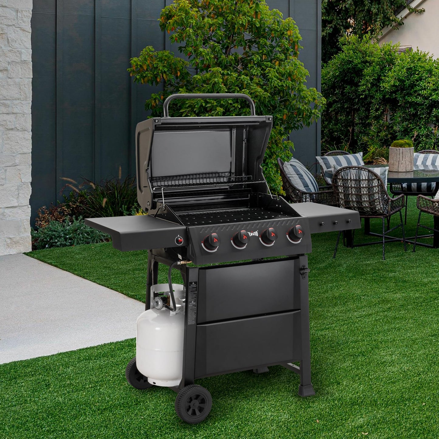 Feasto 4-Burner Propane Gas Grill, Outdoor Grill with 2 Side Tables and Porcelain-Enameled Grates for Patio BBQ, 36000 BTU Powerful for Outdoor Cooking, Black - Perfect for Your Next Backyard BBQ - CookCave