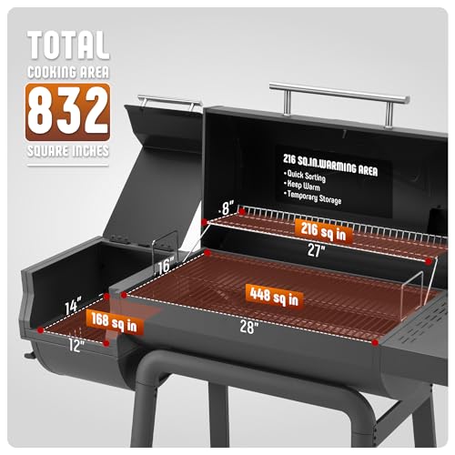Feasto BBQ Charcoal Grill with Offset Smoker Grill and Side Table, 30-In Heavy-Duty Outdoor BBQ Grill with 832 Sq. In. Cooking Space for Outdoor Barbecue in Backyard, Patio and Parties, Black - CookCave