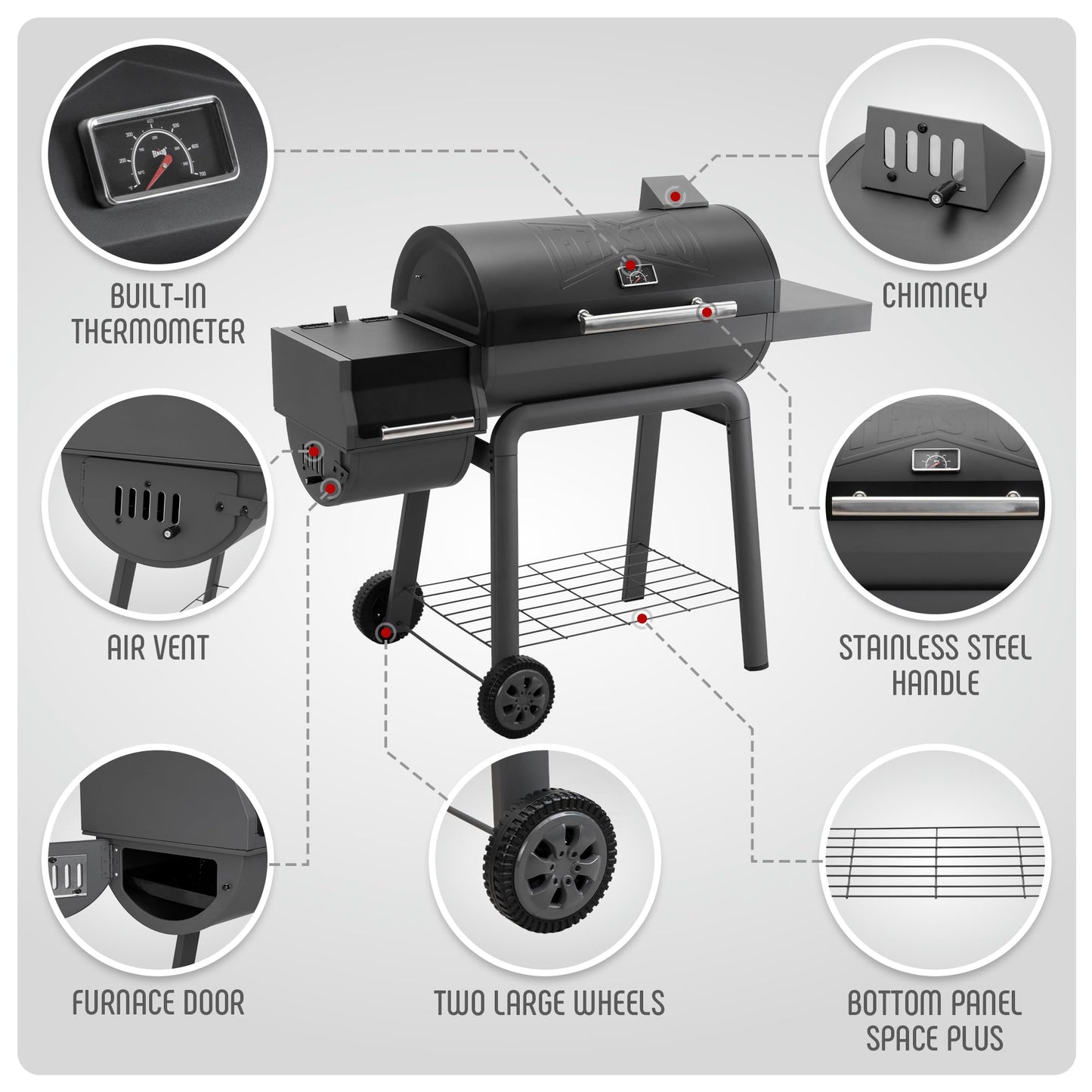 Feasto BBQ Charcoal Grill with Offset Smoker Grill and Side Table, 30-In Heavy-Duty Outdoor BBQ Grill with 832 Sq. In. Cooking Space for Outdoor Barbecue in Backyard, Patio and Parties, Black - CookCave