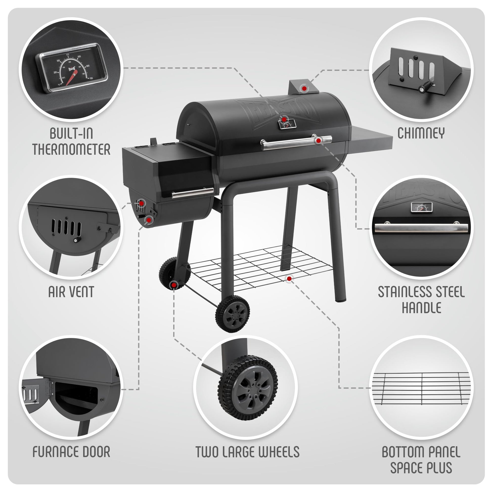 Feasto BBQ Charcoal Grill with Offset Smoker Grill and Side Table, 30-In Heavy-Duty Outdoor BBQ Grill with 832 Sq. In. Cooking Space for Outdoor Barbecue in Backyard, Patio and Parties, Black - CookCave
