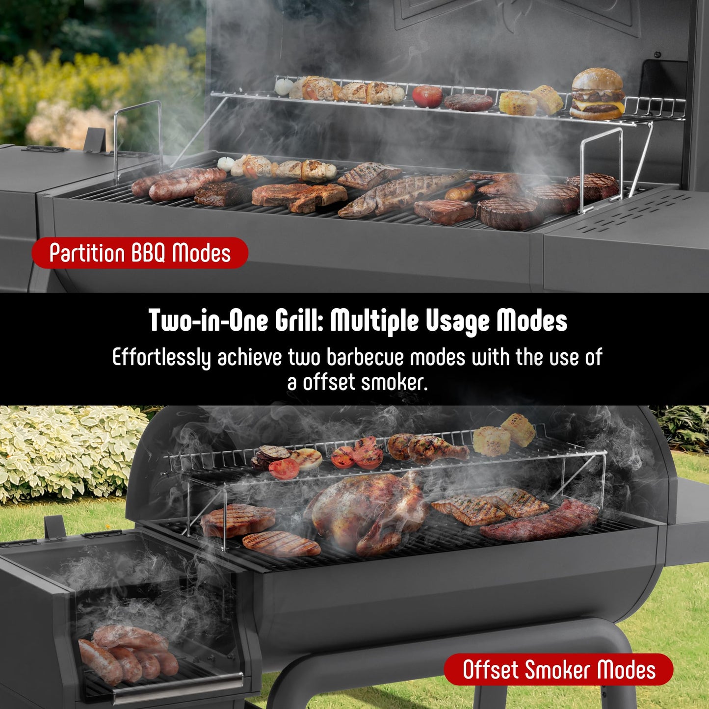 Feasto BBQ Charcoal Grill with Offset Smoker Grill and Side Table, 30-In Heavy-Duty Outdoor BBQ Grill with 832 Sq. In. Cooking Space for Outdoor Barbecue in Backyard, Patio and Parties, Black - CookCave