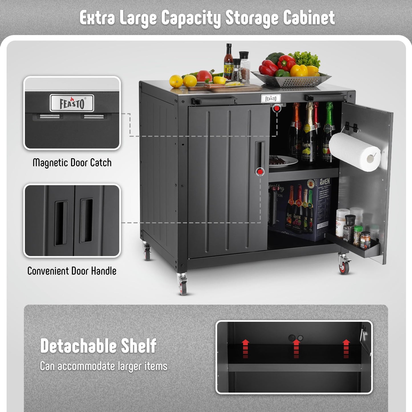 FEASTO Grill Table, Outdoor Bar Cart Grill Cart with Storage Cabinet,Modular Outdoor Kitchen Island, Outdoor Grill Station with 304 Stainless Steel Top,Pizza Oven Table for Lawn & Garden,L35.4” x W24” - CookCave