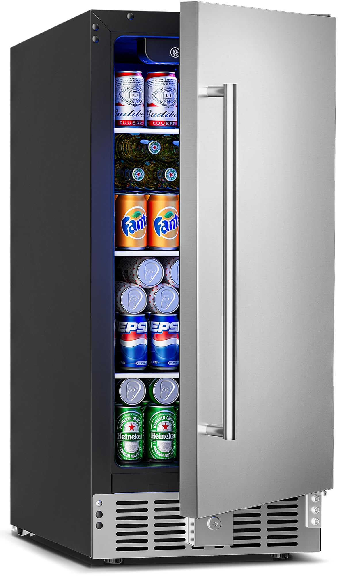 Feelfunn 15 Inch Undercounter Beverage Refrigerator - 126 Cans Beverage Fridge with Stainless Steel Door for Beer Wine Soda - Built-in or Freestanding Wine Cooler for Home Kitchen Bar Outdoor - CookCave