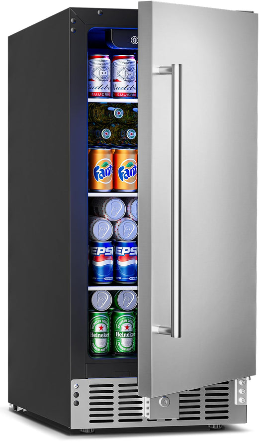 Feelfunn 15 Inch Undercounter Beverage Refrigerator - 126 Cans Beverage Fridge with Stainless Steel Door for Beer Wine Soda - Built-in or Freestanding Wine Cooler for Home Kitchen Bar Outdoor - CookCave