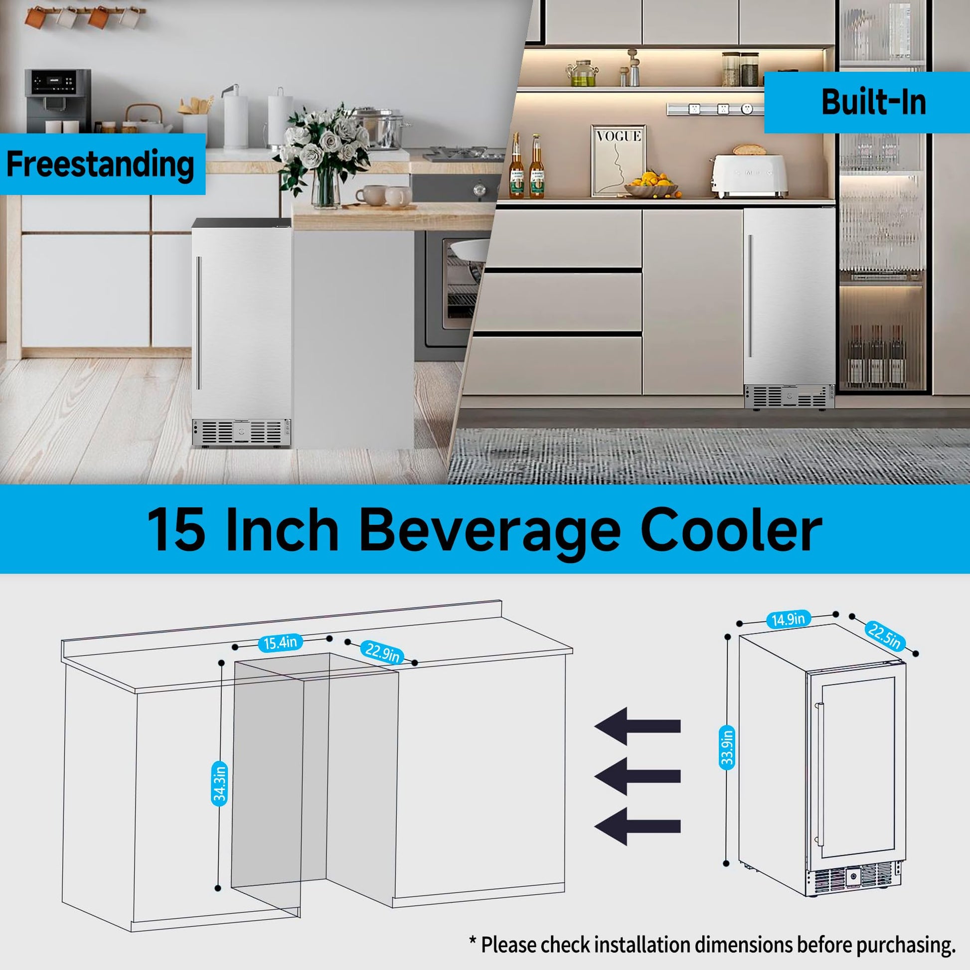 Feelfunn 15 Inch Undercounter Beverage Refrigerator - 126 Cans Beverage Fridge with Stainless Steel Door for Beer Wine Soda - Built-in or Freestanding Wine Cooler for Home Kitchen Bar Outdoor - CookCave