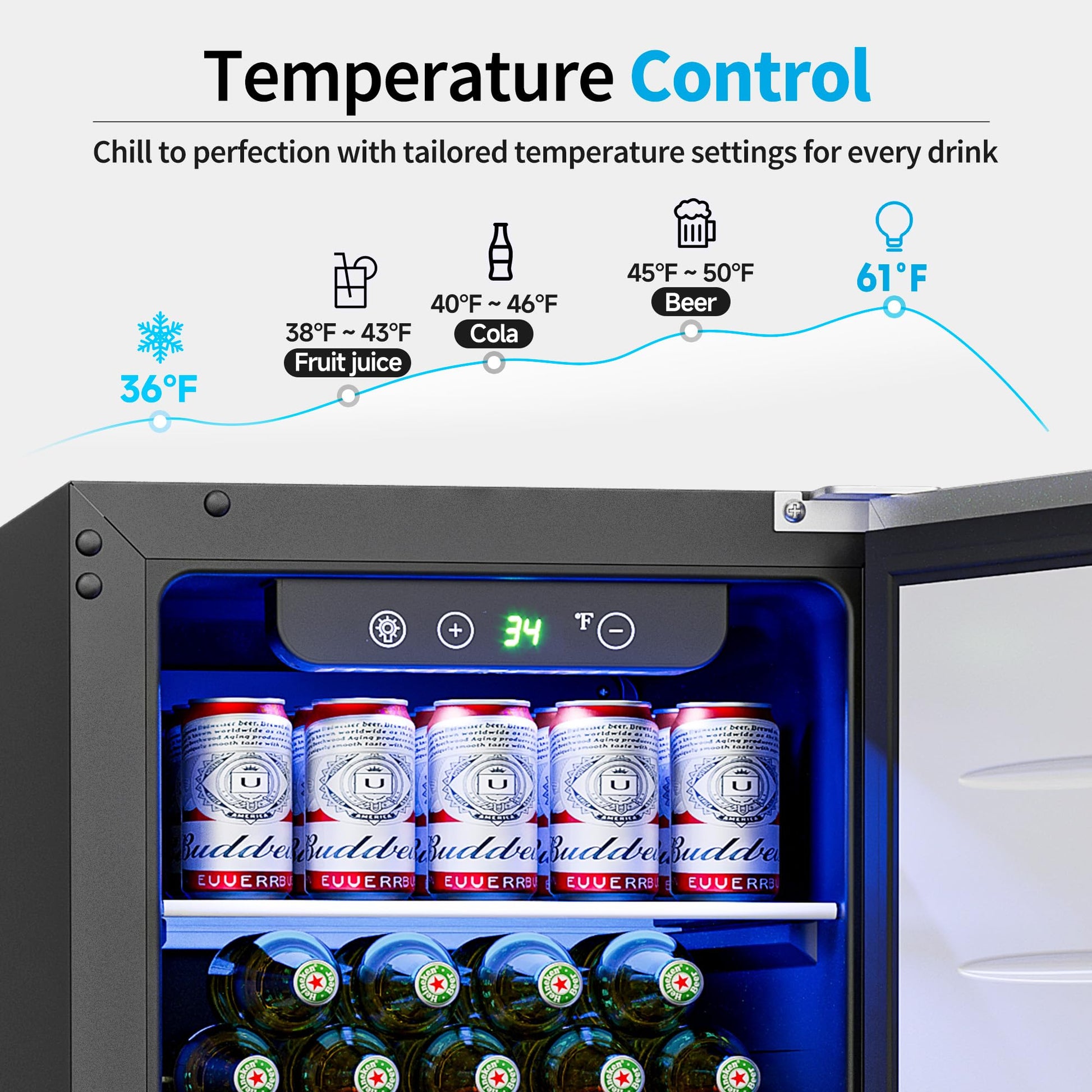 Feelfunn 15 Inch Undercounter Beverage Refrigerator - 126 Cans Beverage Fridge with Stainless Steel Door for Beer Wine Soda - Built-in or Freestanding Wine Cooler for Home Kitchen Bar Outdoor - CookCave