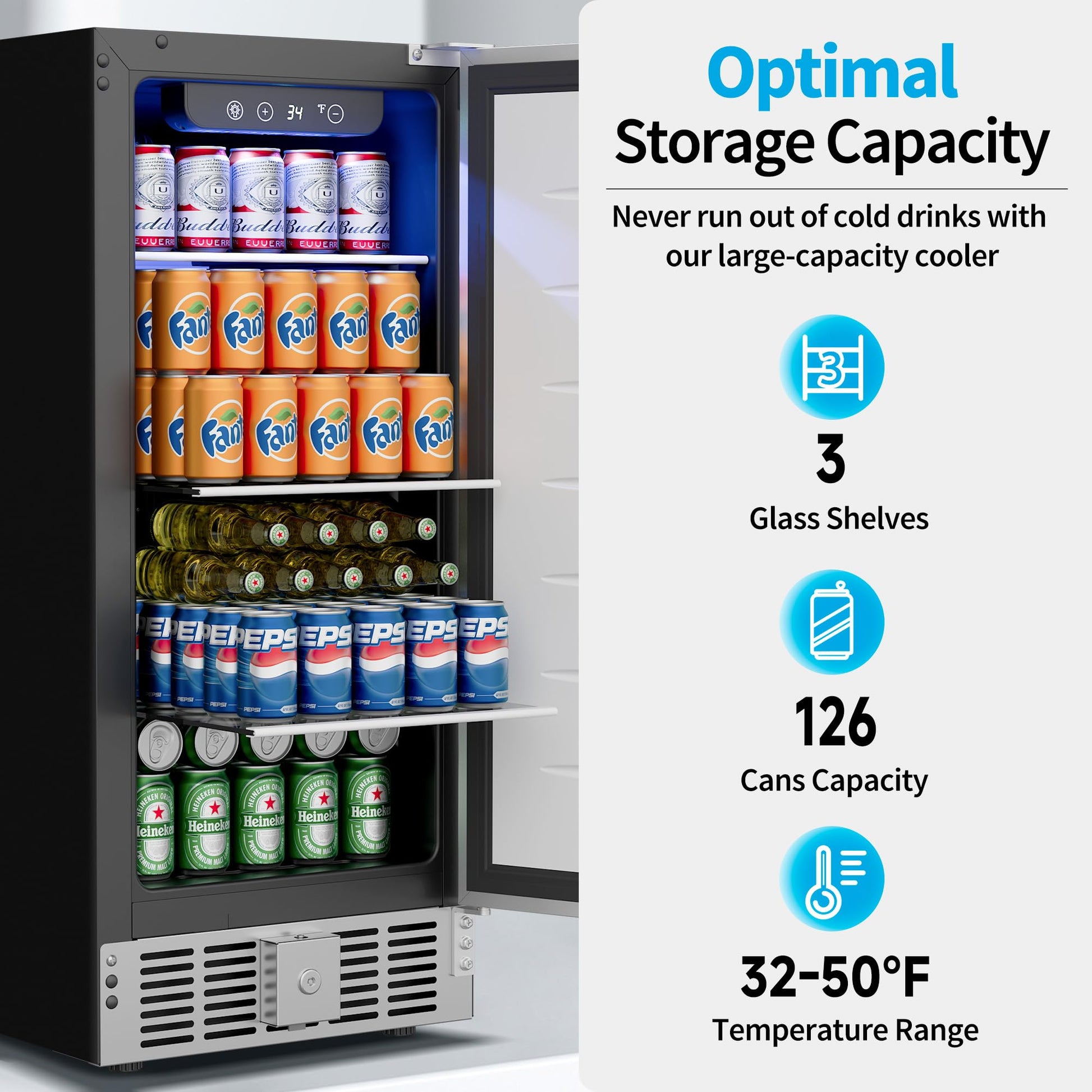 Feelfunn 15 Inch Undercounter Beverage Refrigerator - 126 Cans Beverage Fridge with Stainless Steel Door for Beer Wine Soda - Built-in or Freestanding Wine Cooler for Home Kitchen Bar Outdoor - CookCave