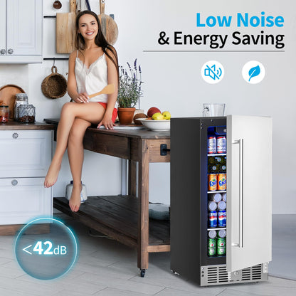 Feelfunn 15 Inch Undercounter Beverage Refrigerator - 126 Cans Beverage Fridge with Stainless Steel Door for Beer Wine Soda - Built-in or Freestanding Wine Cooler for Home Kitchen Bar Outdoor - CookCave