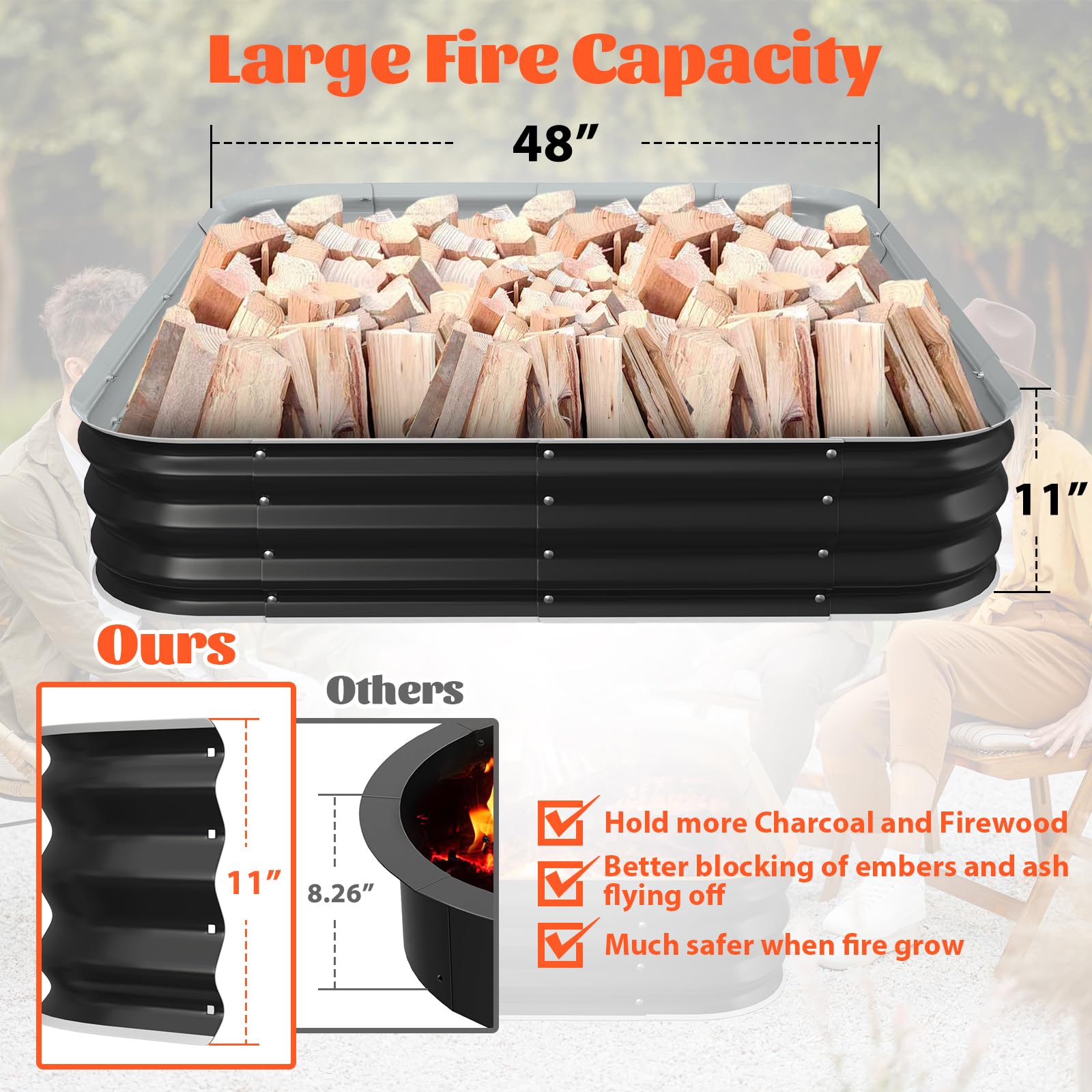 Fire Pit Ring/Raised Garden Bed, 48In Large Galvanized Steel Outdoor Fire Pits&Outdoor Fireplace Portable for Outside Patio,Camping,Bonfire,Beach,Backyard Firepit Wood Burning,Square - CookCave