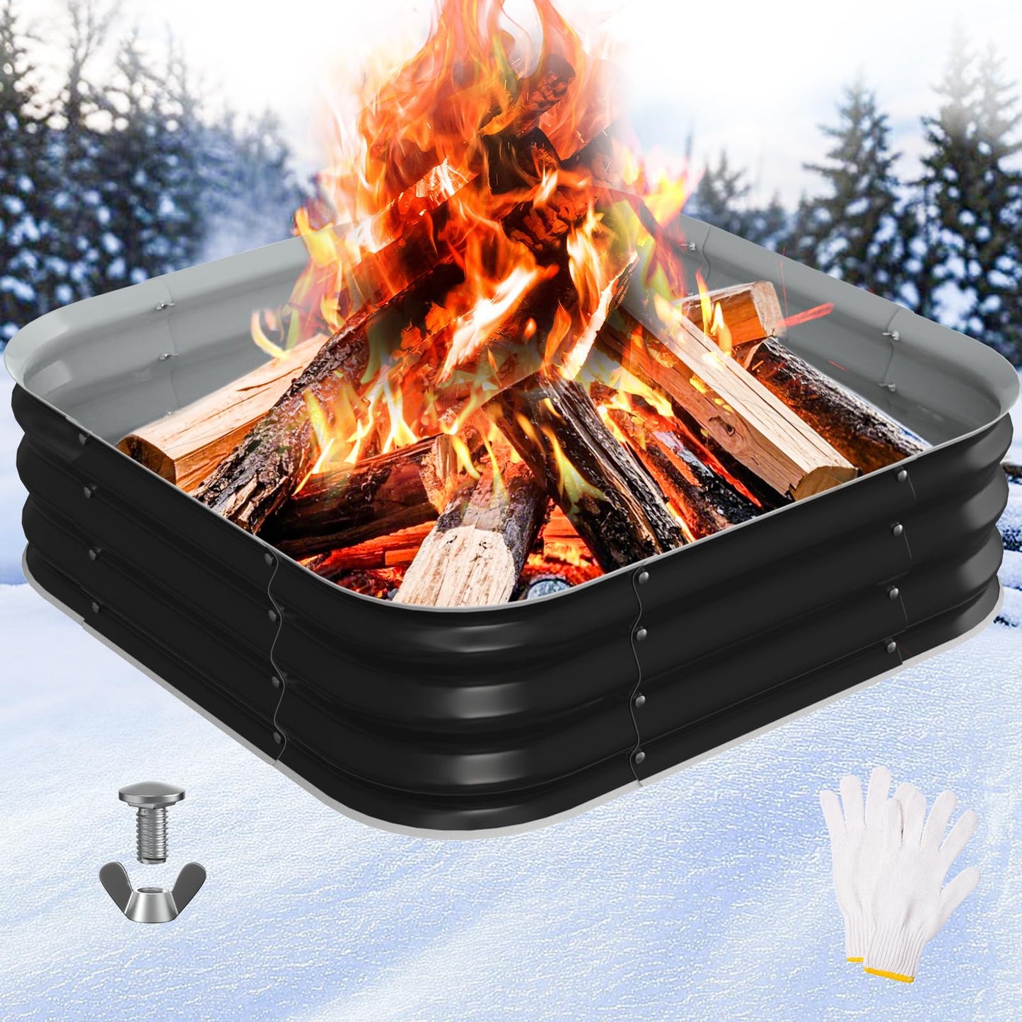 Fire Pit Ring/Raised Garden Bed, 48In Large Galvanized Steel Outdoor Fire Pits&Outdoor Fireplace Portable for Outside Patio,Camping,Bonfire,Beach,Backyard Firepit Wood Burning,Square - CookCave