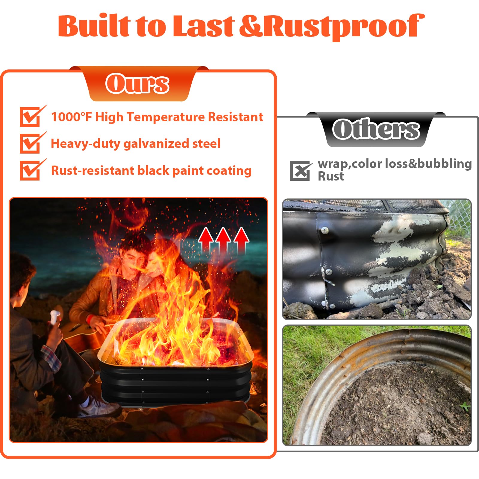 Fire Pit Ring/Raised Garden Bed, 48In Large Galvanized Steel Outdoor Fire Pits&Outdoor Fireplace Portable for Outside Patio,Camping,Bonfire,Beach,Backyard Firepit Wood Burning,Square - CookCave