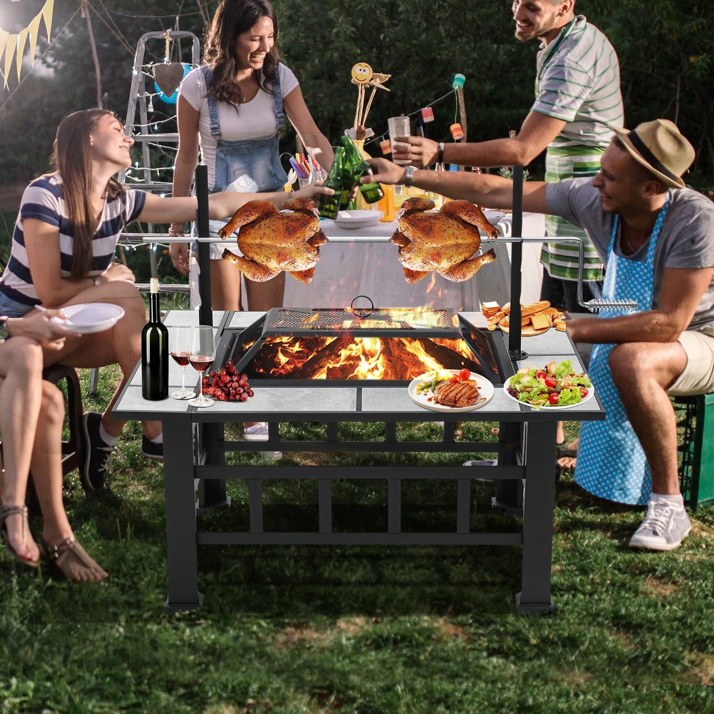 Fire Pit Table for Outside 37 Inch Square Firepits with Grill Large Wood Burning Heavy Duty Steel BBQ Bonfire Pit Outdoor Cooking with Spark Screen Log Grate Poker for Backyard Garden Camping - CookCave
