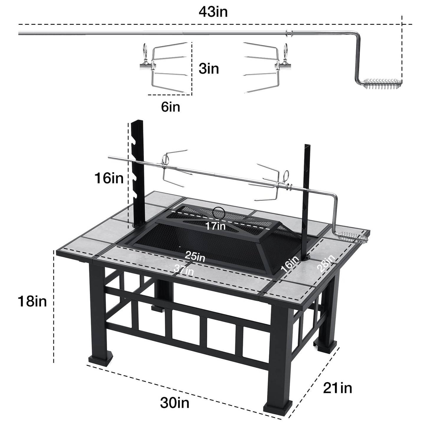 Fire Pit Table for Outside 37 Inch Square Firepits with Grill Large Wood Burning Heavy Duty Steel BBQ Bonfire Pit Outdoor Cooking with Spark Screen Log Grate Poker for Backyard Garden Camping - CookCave