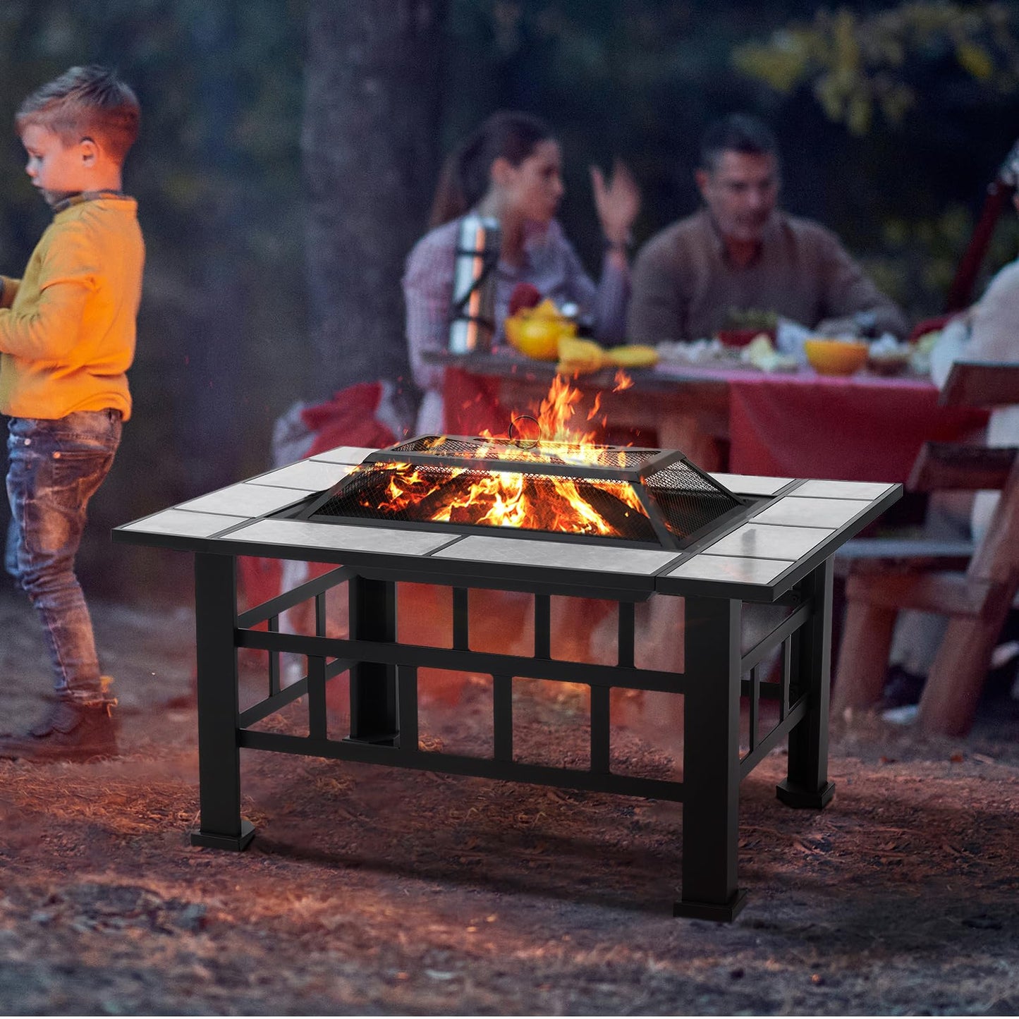 Fire Pit Table for Outside 37 Inch Square Firepits with Grill Large Wood Burning Heavy Duty Steel BBQ Bonfire Pit Outdoor Cooking with Spark Screen Log Grate Poker for Backyard Garden Camping - CookCave