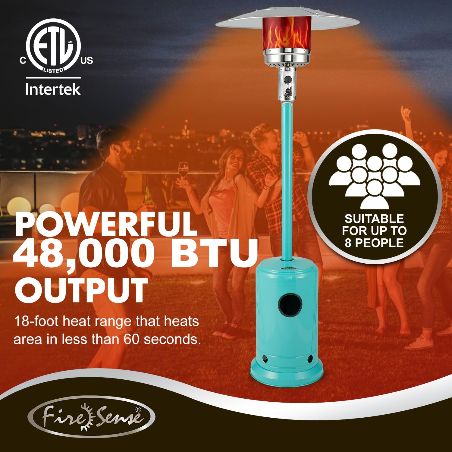 Fire Sense 61130 All Seasons Patio Heater With Wheels 48,000 BTU Output Electronic Ignition System Portable Outdoor Propane Heater Patio Heater - Aqua Blue - CookCave