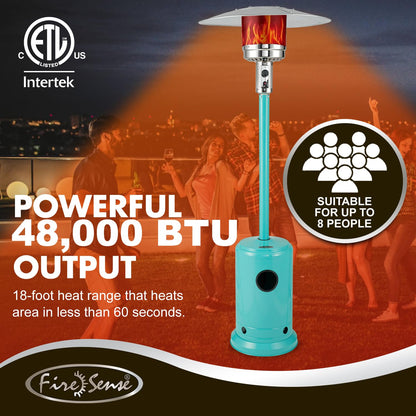 Fire Sense 61130 All Seasons Patio Heater With Wheels 48,000 BTU Output Electronic Ignition System Portable Outdoor Propane Heater Patio Heater - Aqua Blue - CookCave