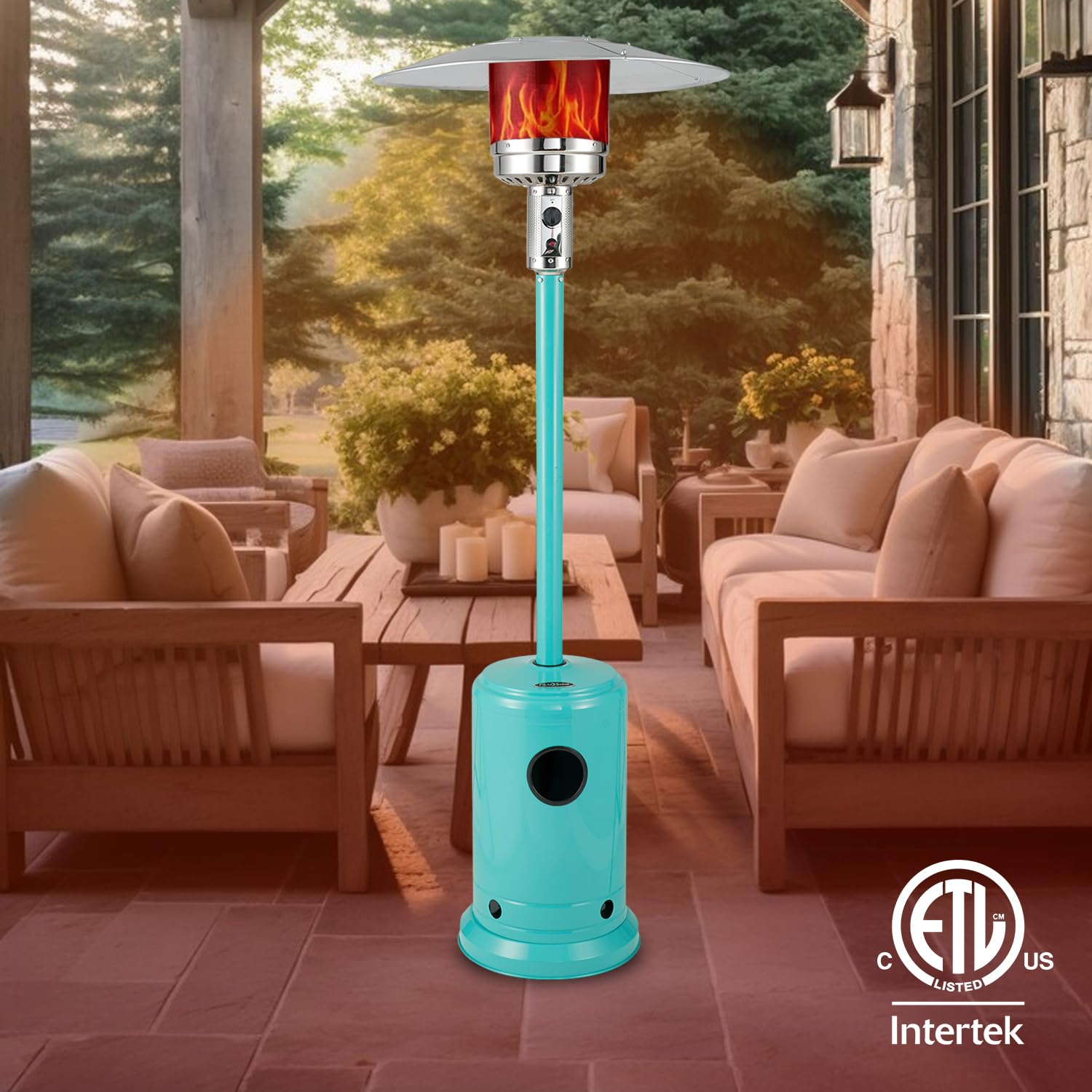 Fire Sense 61130 All Seasons Patio Heater With Wheels 48,000 BTU Output Electronic Ignition System Portable Outdoor Propane Heater Patio Heater - Aqua Blue - CookCave